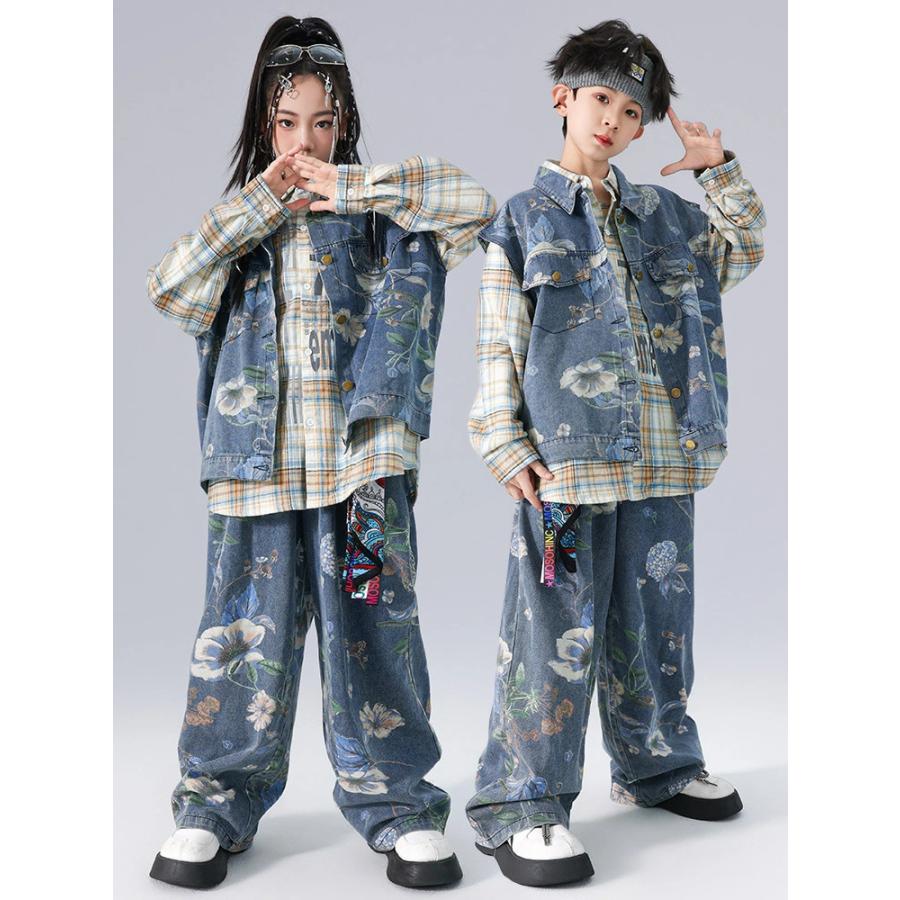 チェック柄 花柄 デニムベスト 子供服 セットアップ キッズ ダンス衣装