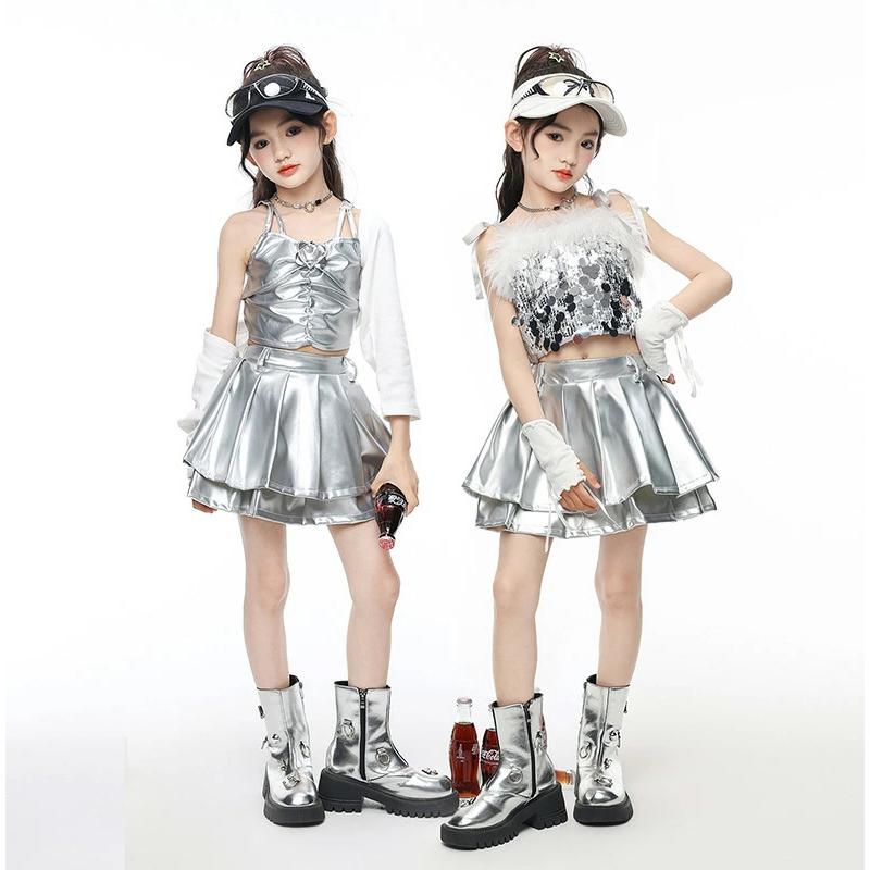 シルバー スパンコール キャミソール キッズダンス衣装 セットアップ