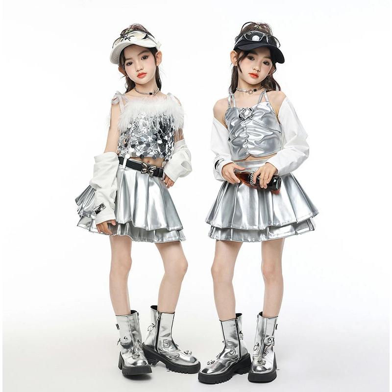 シルバー スパンコール キャミソール キッズダンス衣装 セットアップ