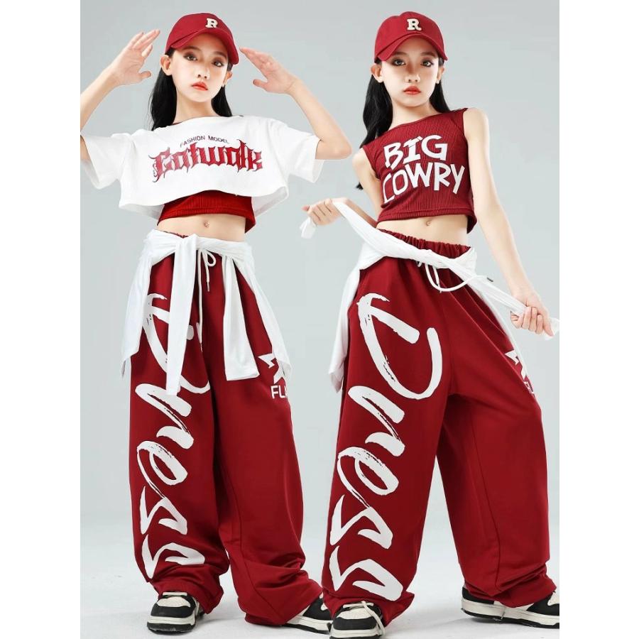 レッド ホワイト へそ出し 半袖 キッズ ダンス衣装 ヒップホップ 子供