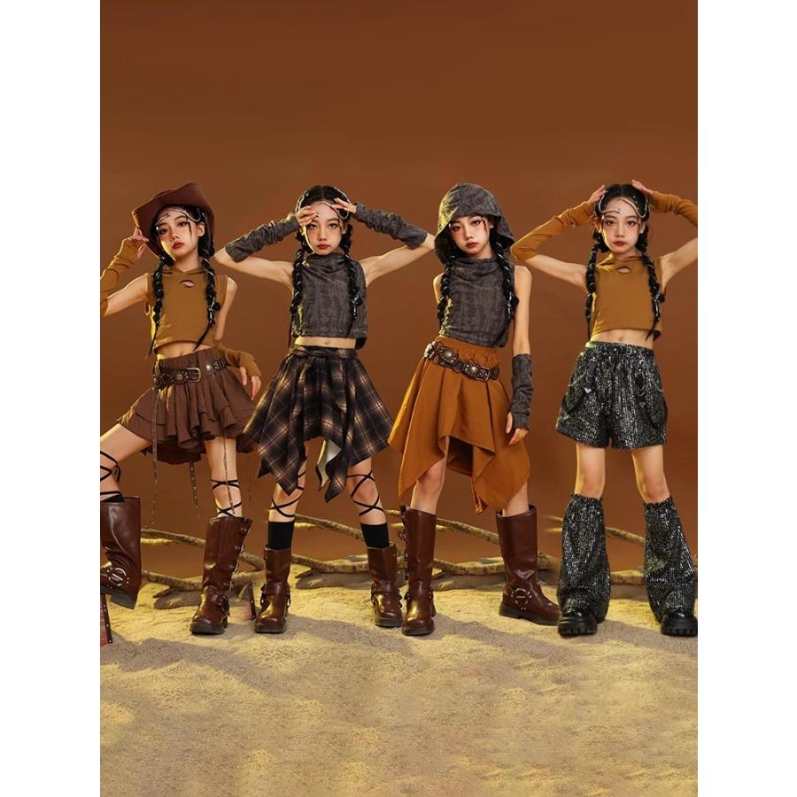 5タイプ フード付き へそ出し グレー ブラウン キッズ ダンス衣装