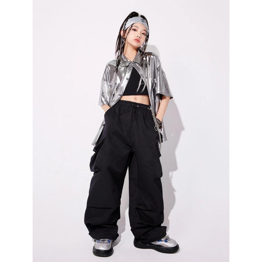 シルバー カーゴパンツ へそ出しシャツ キッズ ダンス衣装 ヒップ 