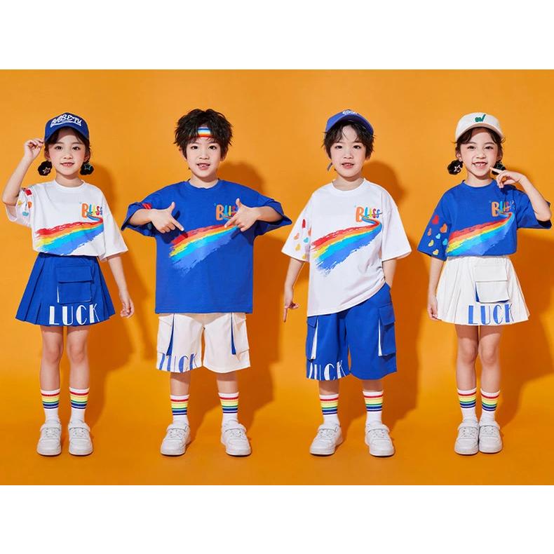 レインボー柄 半袖 Tシャツ チアガール キッズダンス 衣装