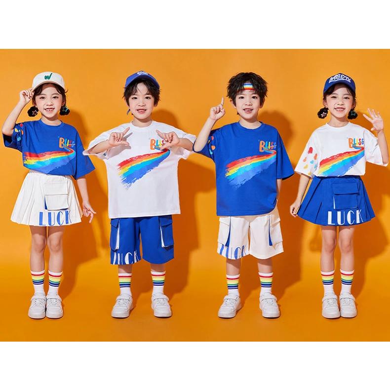 レインボー柄 半袖 Tシャツ チアガール キッズダンス 衣装