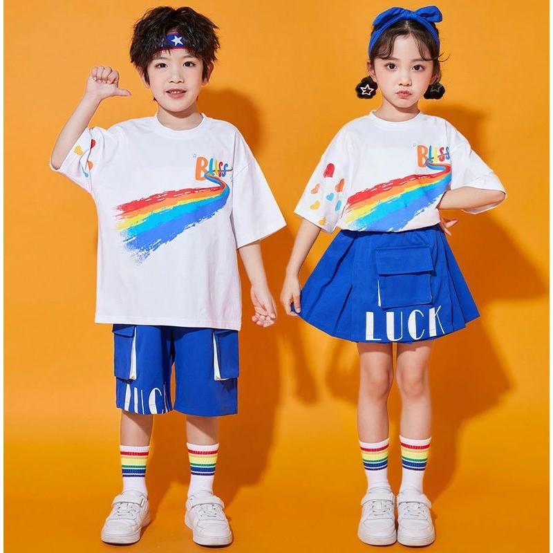 レインボー柄 半袖 Tシャツ チアガール キッズダンス 衣装