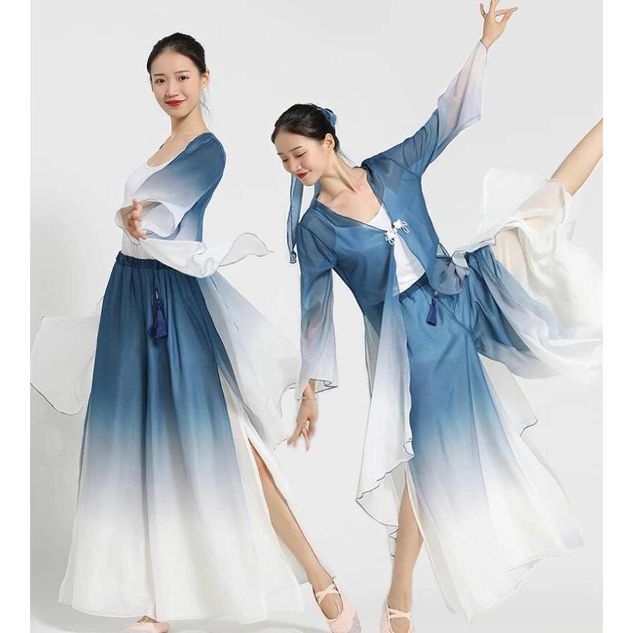 日本舞踊用衣装 明るいグレー地 青金 グラデーション　裾引き 中国古典舞踊ダンスウェア グラデーション ロング丈羽織 長袖