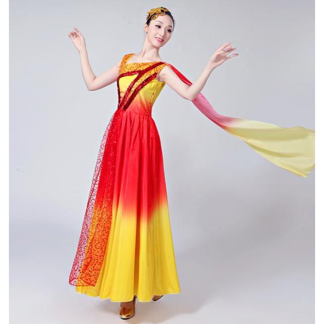 古典ダンスドレス フレアロングワンピース 飄逸なリボン スパンコール