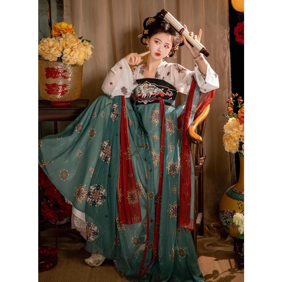 中華コスプレ衣装 唐朝 宮廷風漢服 中華衣装 ストール2点付き 可愛い チャイナ服4点セット 中国古代服装 エスニック 花柄 漢唐 古典舞踊 ...
