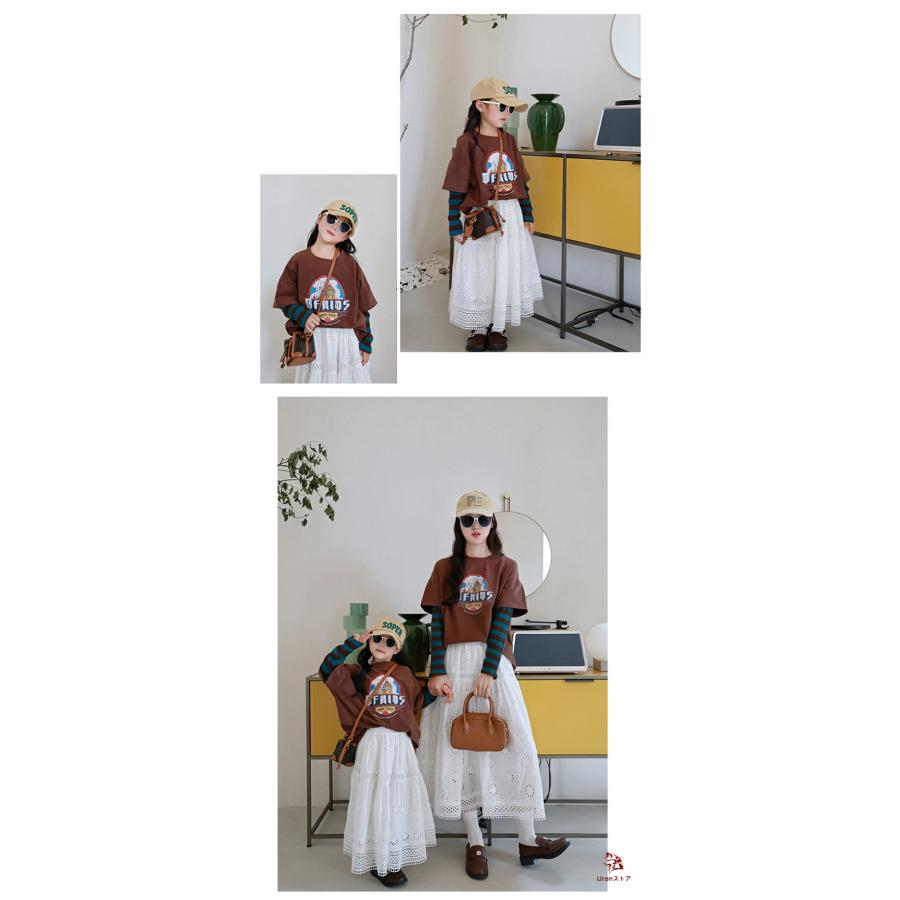 親子ペア 白スカート ロング丈 可愛い トップス シャツ 長袖 仮二枚