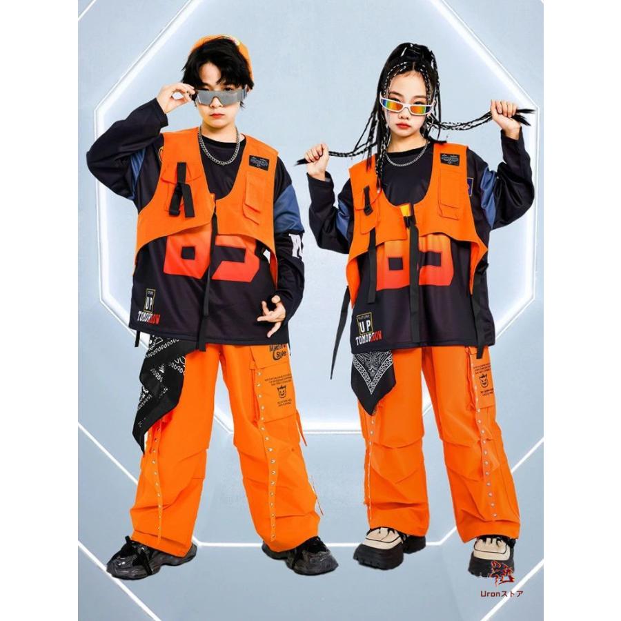 オレンジ キッズダンス hiphop ダンス衣装 女の子 男の子ブラック