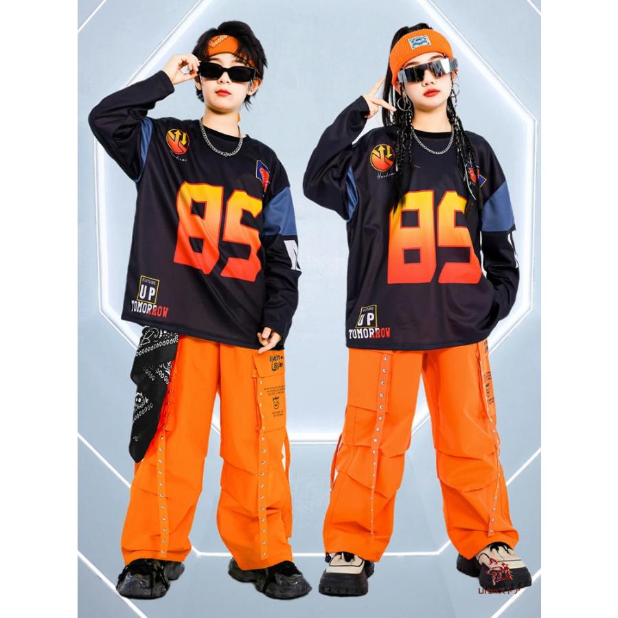 オレンジ キッズダンス hiphop ダンス衣装 女の子 男の子ブラック