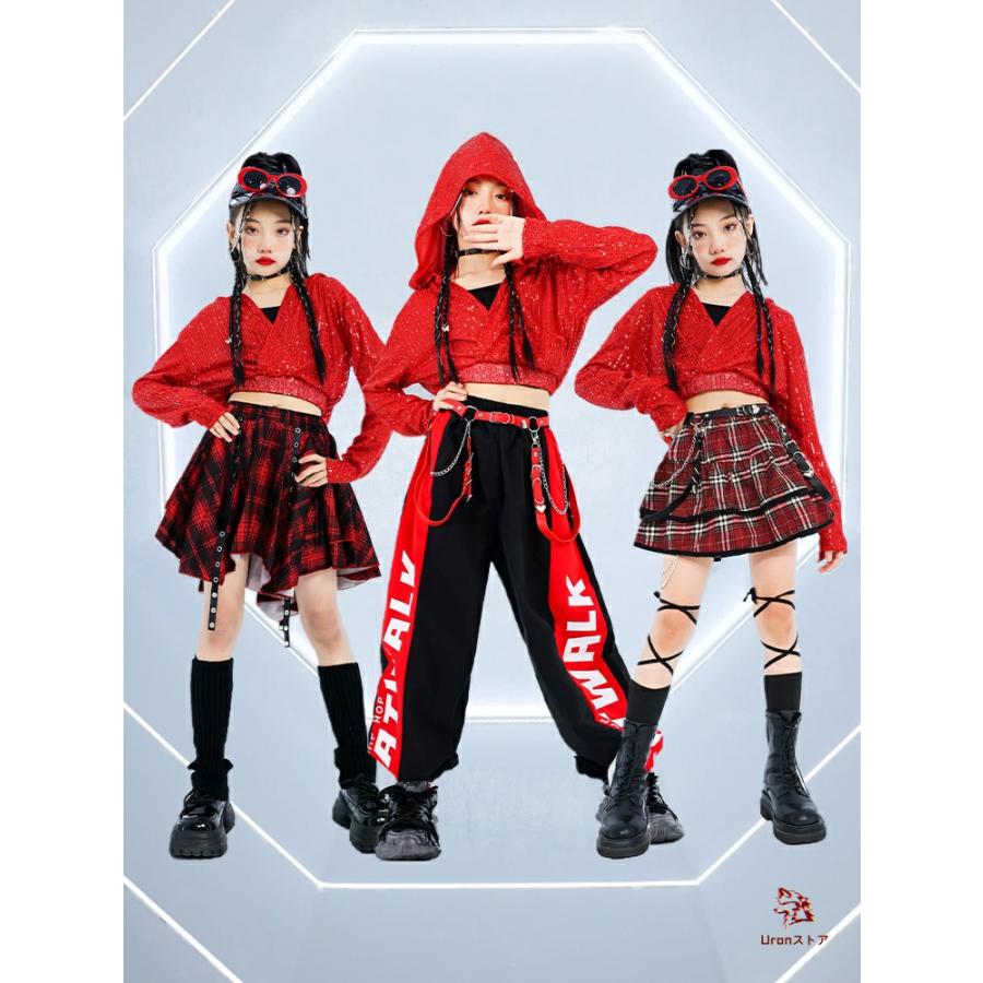 赤 ダンス キッズ 女の子 スパンコール へそ出し ダンス衣装 ガールズ
