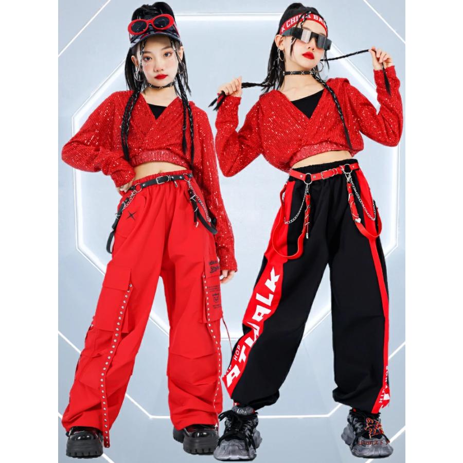 赤 ダンス キッズ 女の子 スパンコール へそ出し ダンス衣装 ガールズ