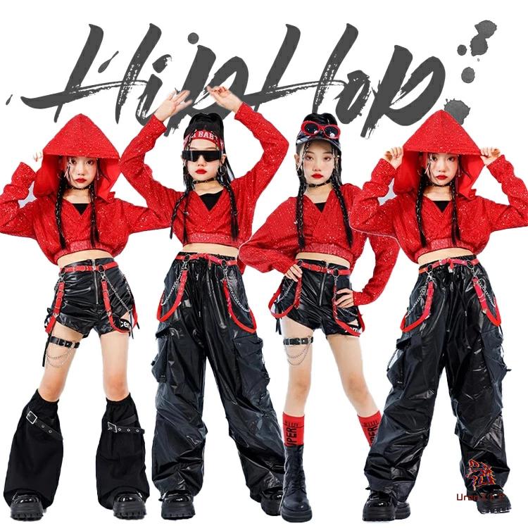 ダンス スパンコール キッズ 女の子 Y2K へそ出し ダンス衣装 レッド