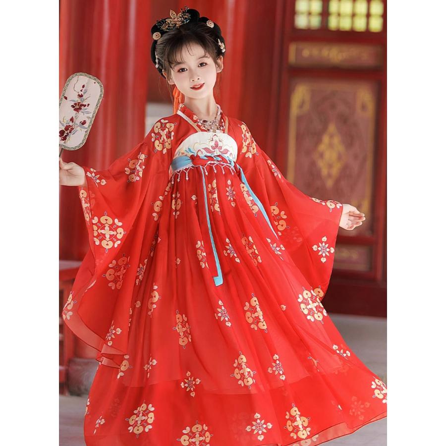 子供 漢服 お姫様 中国古代服装 赤 華やか 中華服 漢服ドレス 金色の
