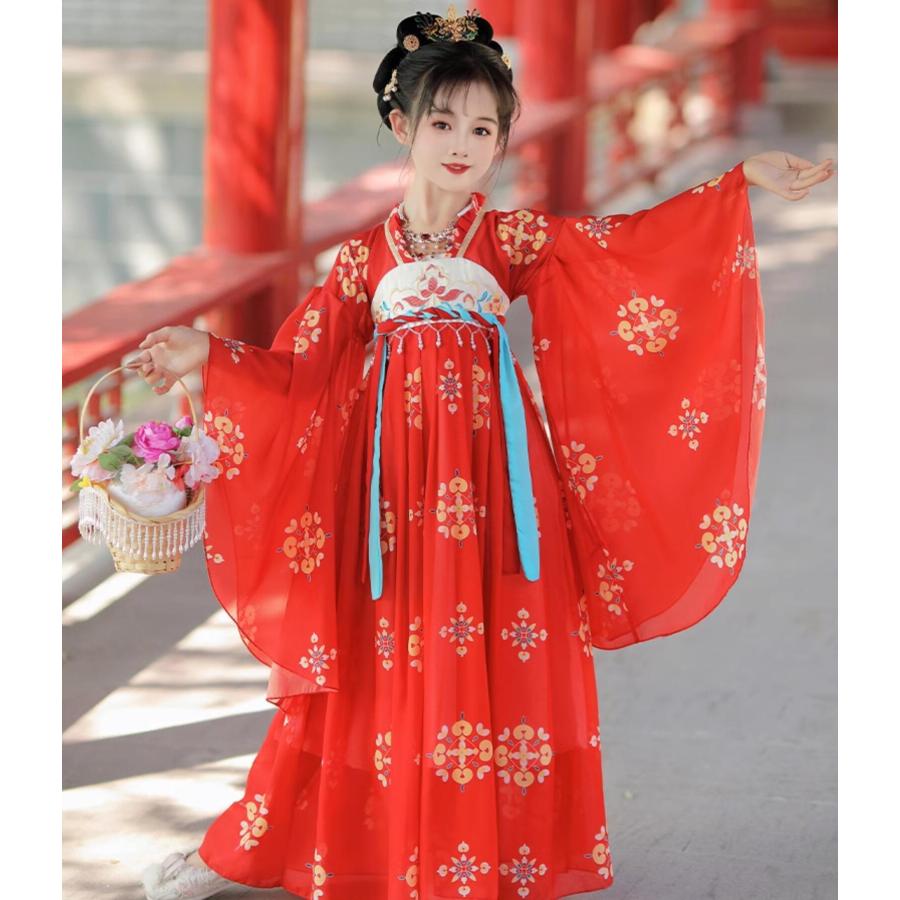 子供 漢服 お姫様 中国古代服装 赤 華やか 中華服 漢服ドレス 金色の