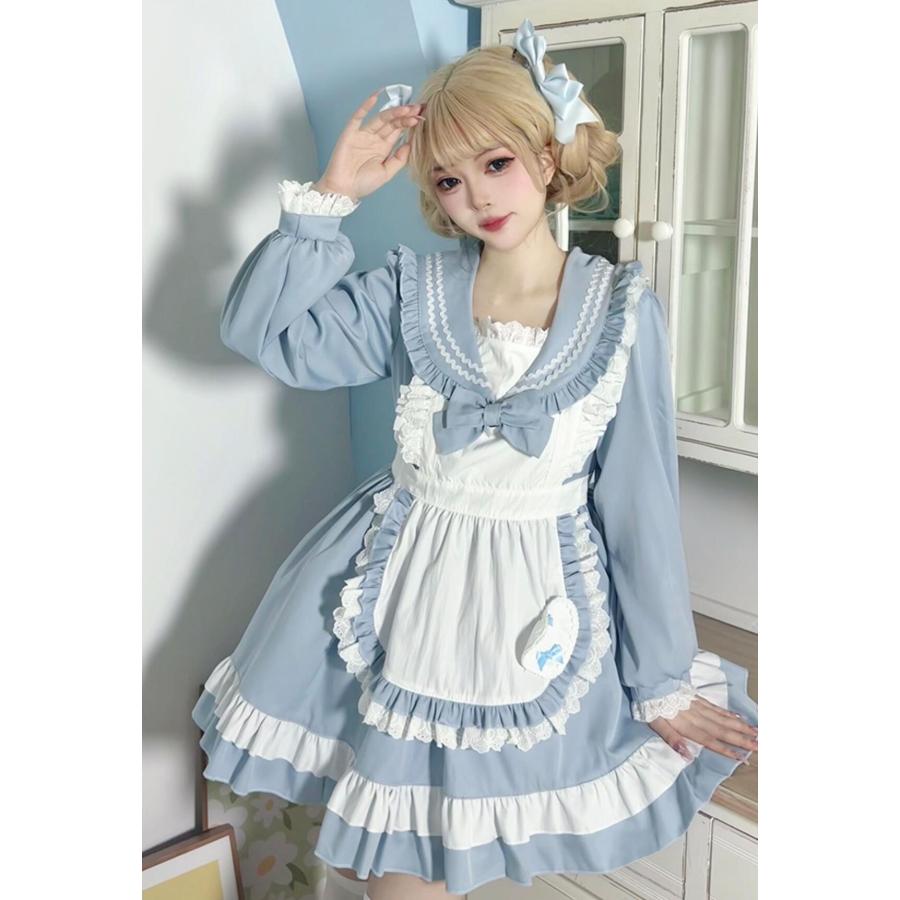 メイド服 長袖 セーラー服 マリン風 メイド ドレス ミドル丈 カワイイ
