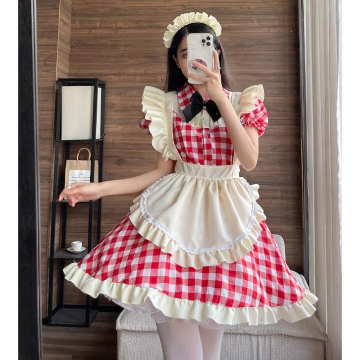 女性 大人 メイド服 メイドコス 半袖 チェック柄 コスプレ衣装 膝丈