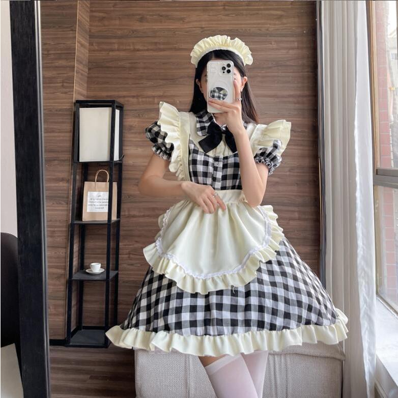 女性 大人 メイド服 メイドコス 半袖 チェック柄 コスプレ衣装 膝丈