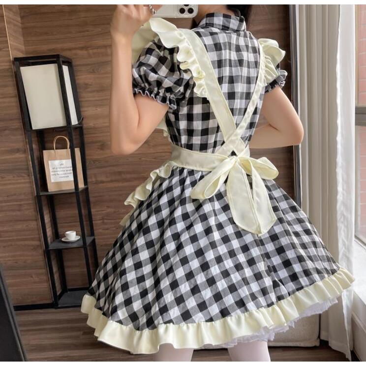 女性 大人 メイド服 メイドコス 半袖 チェック柄 コスプレ衣装 膝丈
