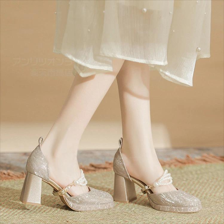キラキラ パンプス 結婚式 ストラップ レディース ヒール7cm 9cm 太