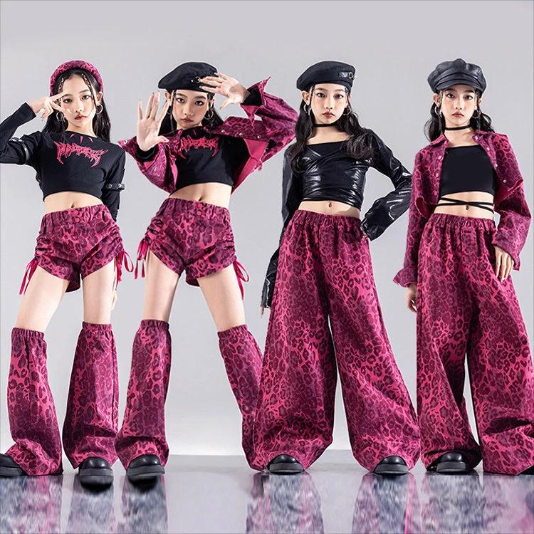 HANAN ヒョウ柄ビーズ装飾ベリーダンスセットアップ ピンク 豹柄 キッズ ダンス衣装 セットアップ 女の子 チア チアガール