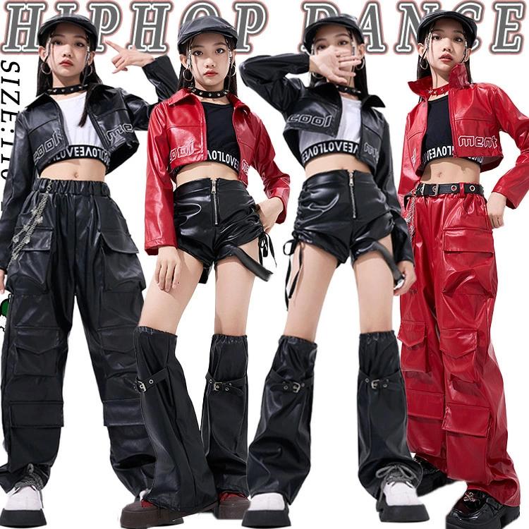 セットアップ キッズ ダンス衣装 黒色 赤色 PU レザー ジャケット