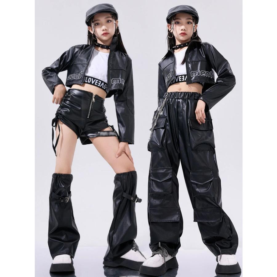 セットアップ キッズ ダンス衣装 黒色 赤色 PU レザー ジャケット