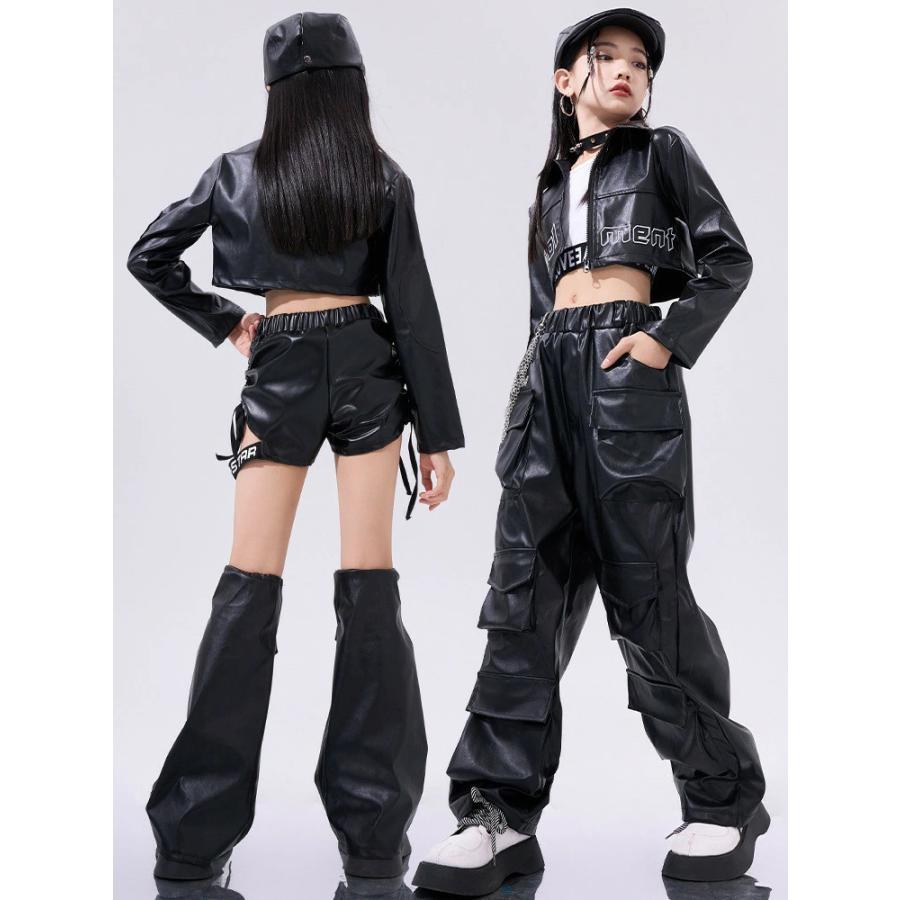 ぷっちんプロタン3点セット ブラックレザー バイカーパンツ y2k セットアップ キッズ ダンス衣装 黒色 赤色 PU レザー ジャケット