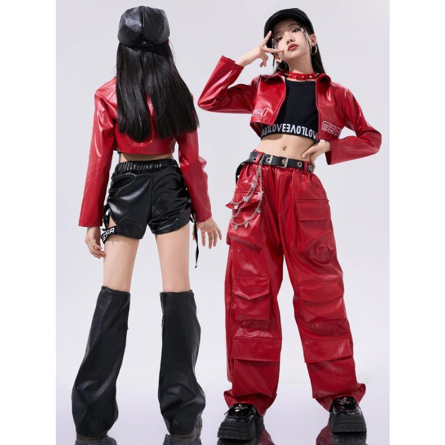 セットアップ キッズ ダンス衣装 黒色 赤色 PU レザー ジャケット