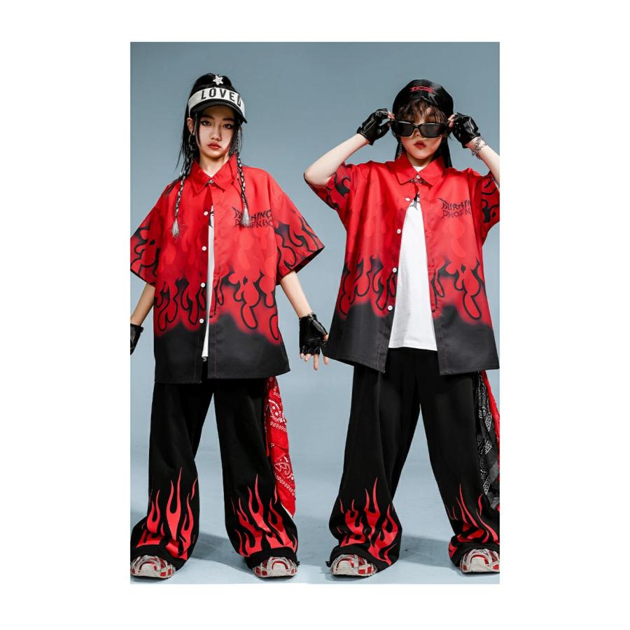 子供服 ヒップホップ シャツ 炎柄 赤 キッズ ダンス衣装 セットアップ
