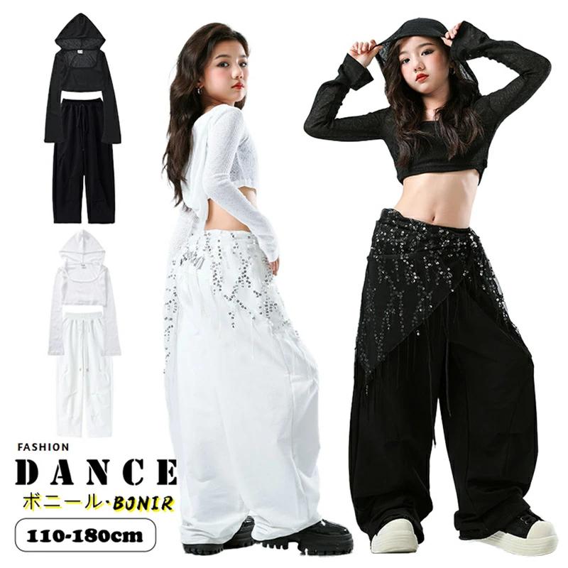 フード付き トップス ガールズ ダンス衣装 黒 白 へそ出し 長袖 女の子 