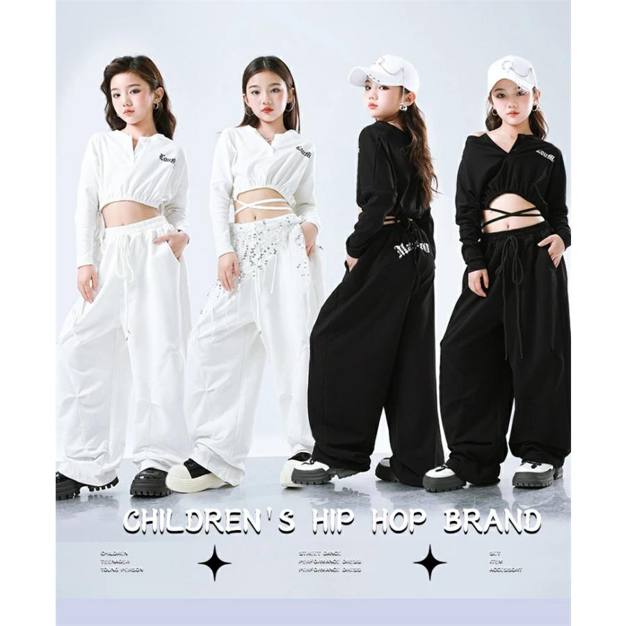 白 黒 ダンス衣装 キッズ 女の子 へそ出し トップス 長袖 韓国 Y2K