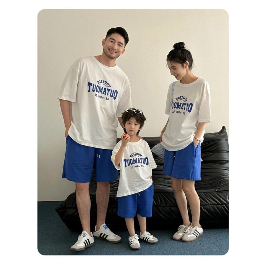 親子ペア tシャツ 白 トップス 半袖 家族お揃い ブルー パンツ ハーフ