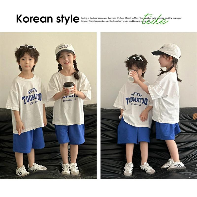 親子ペア tシャツ 白 トップス 半袖 家族お揃い ブルー パンツ ハーフ