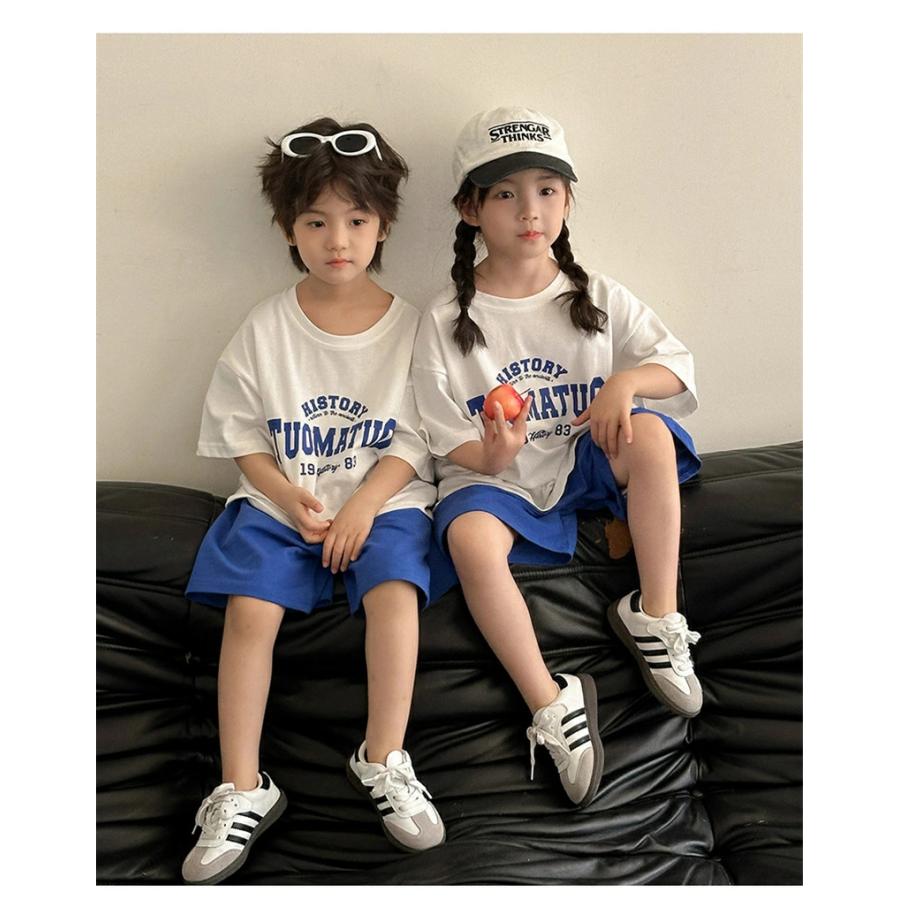 親子ペア tシャツ 白 トップス 半袖 家族お揃い ブルー パンツ ハーフ