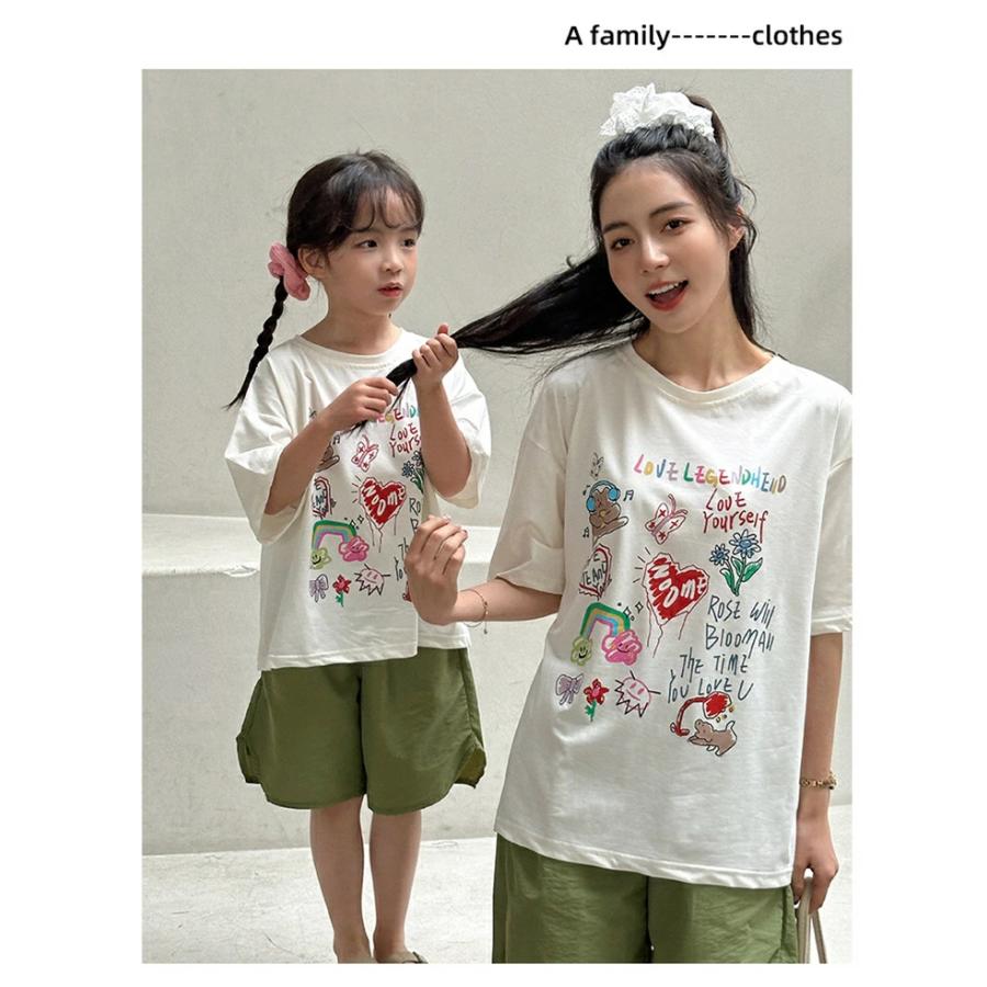 親子 リンクコーデ tシャツ 白トップス 半袖 可愛い 家族お揃い ハーフ