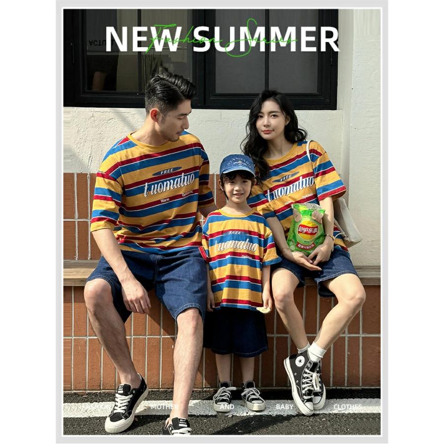 親子ペアルック tシャツ ボーダー柄 半袖 トップス デニムパンツ