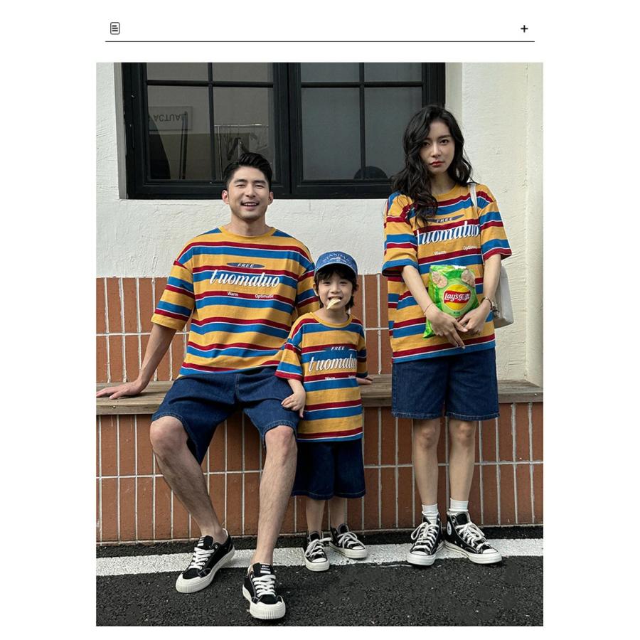 親子ペアルック tシャツ ボーダー柄 半袖 トップス デニムパンツ