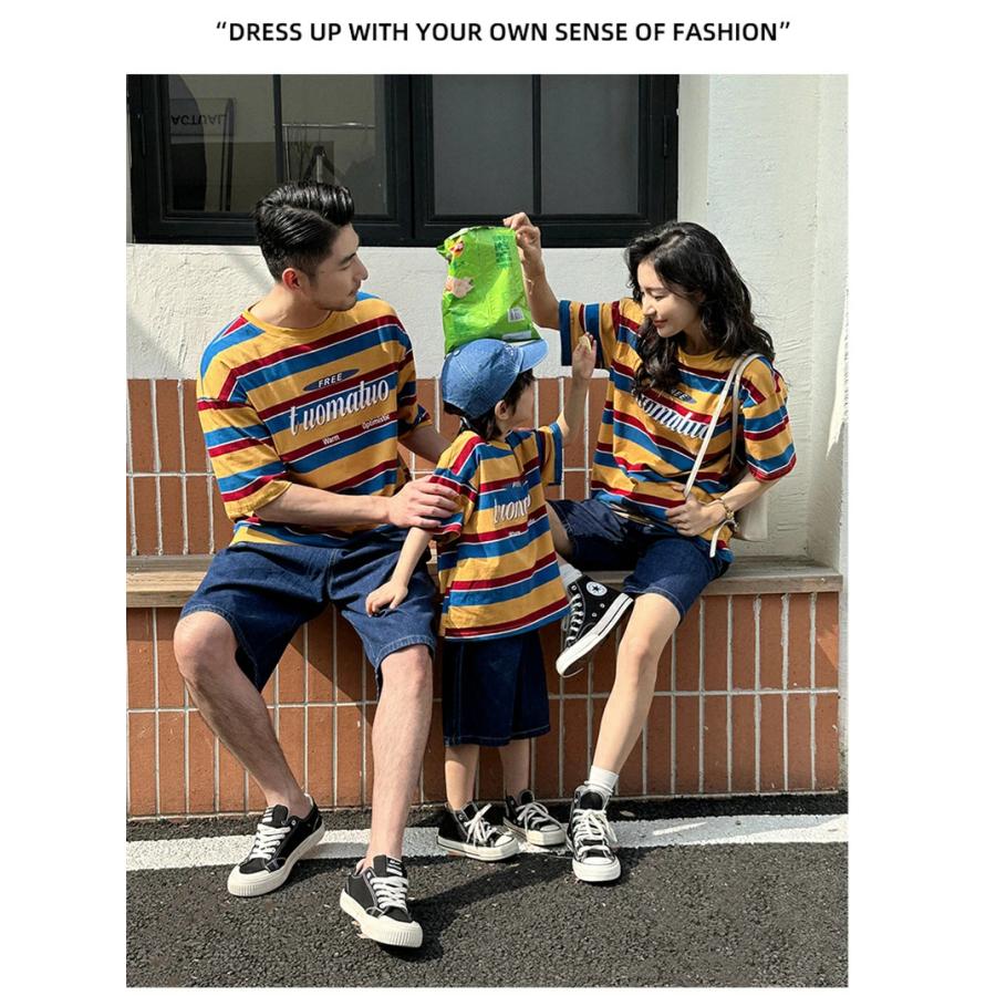 親子ペアルック tシャツ ボーダー柄 半袖 トップス デニムパンツ