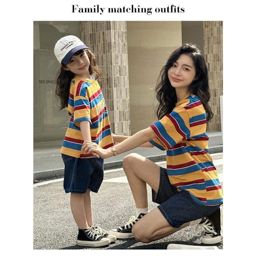 親子ペアルック tシャツ ボーダー柄 半袖 トップス デニムパンツ
