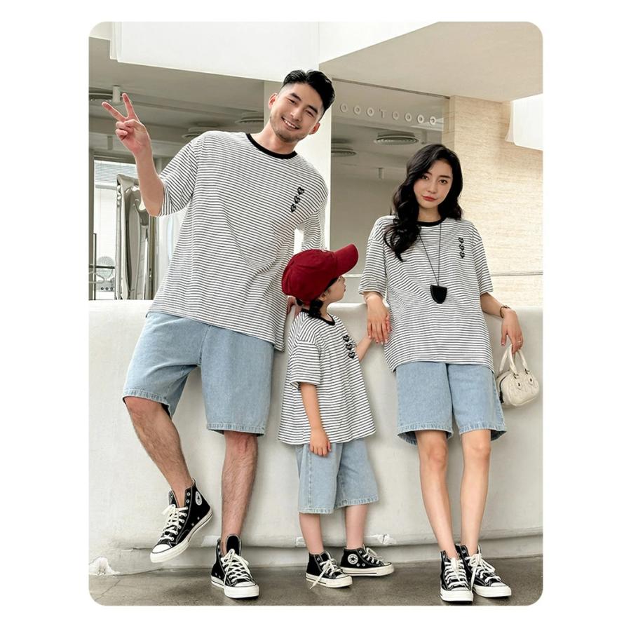 親子ペア Tシャツ ストライプ 半袖 トップス 可愛い 家族お揃い ママ