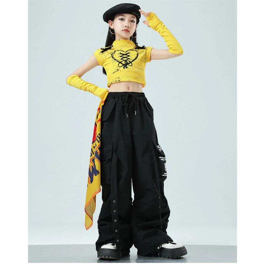 黄色 ダンス衣装 子供服 ステージ キッズダンス 女の子 へそ出し