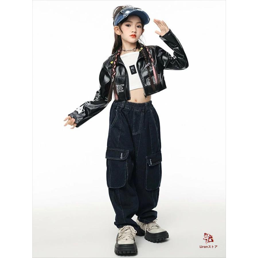 キッズ ダンス衣装 セットアップ 長袖 レザージャケット ショート丈