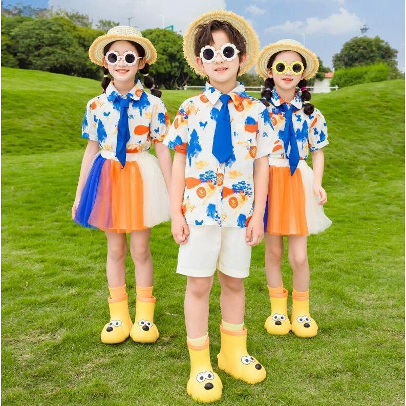 子供幼稚園制服 学園風女の子男の子舞台演出服 夏普段着 ネクタイ 花柄