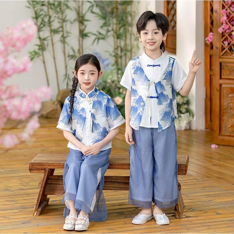 漢服唐装 夏子供半袖中華風シャツロング丈パンツ上下2点セットアップ