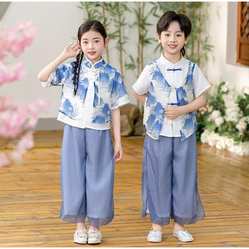 漢服唐装 夏子供半袖中華風シャツロング丈パンツ上下2点セットアップ