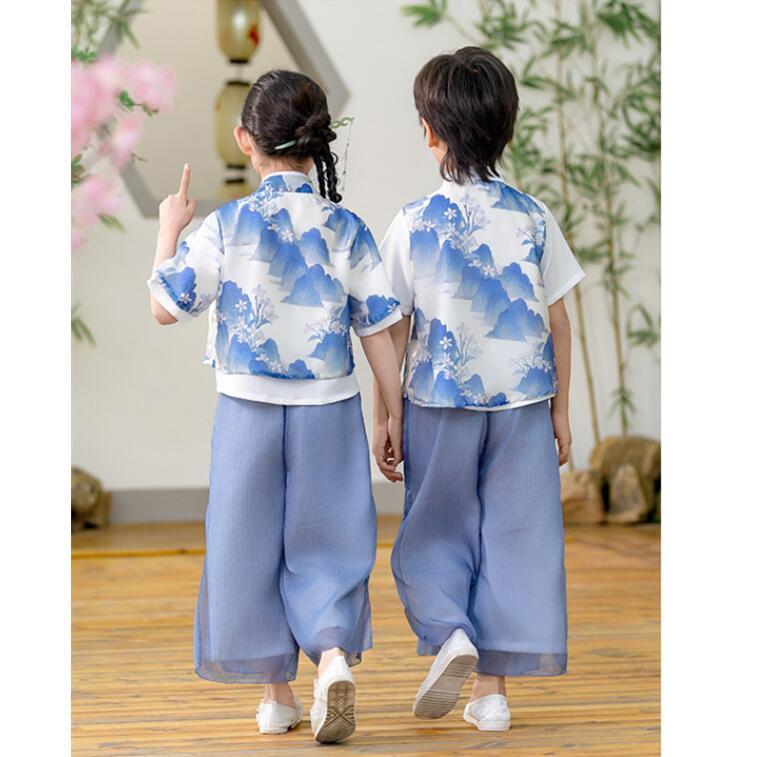 漢服唐装 夏子供半袖中華風シャツロング丈パンツ上下2点セットアップ