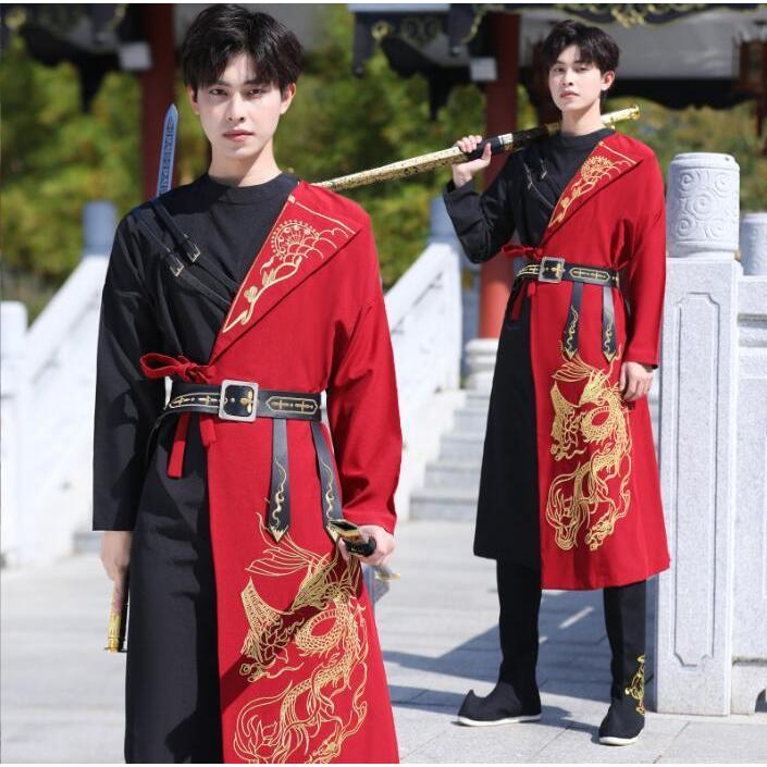 メンズ漢服 セット 中華伝統的漢服 龍刺繍 切り替え ロング丈シャツ