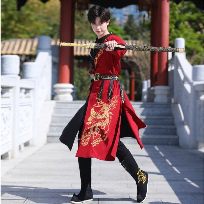 メンズ漢服 セット 中華伝統的漢服 龍刺繍 切り替え ロング丈シャツ